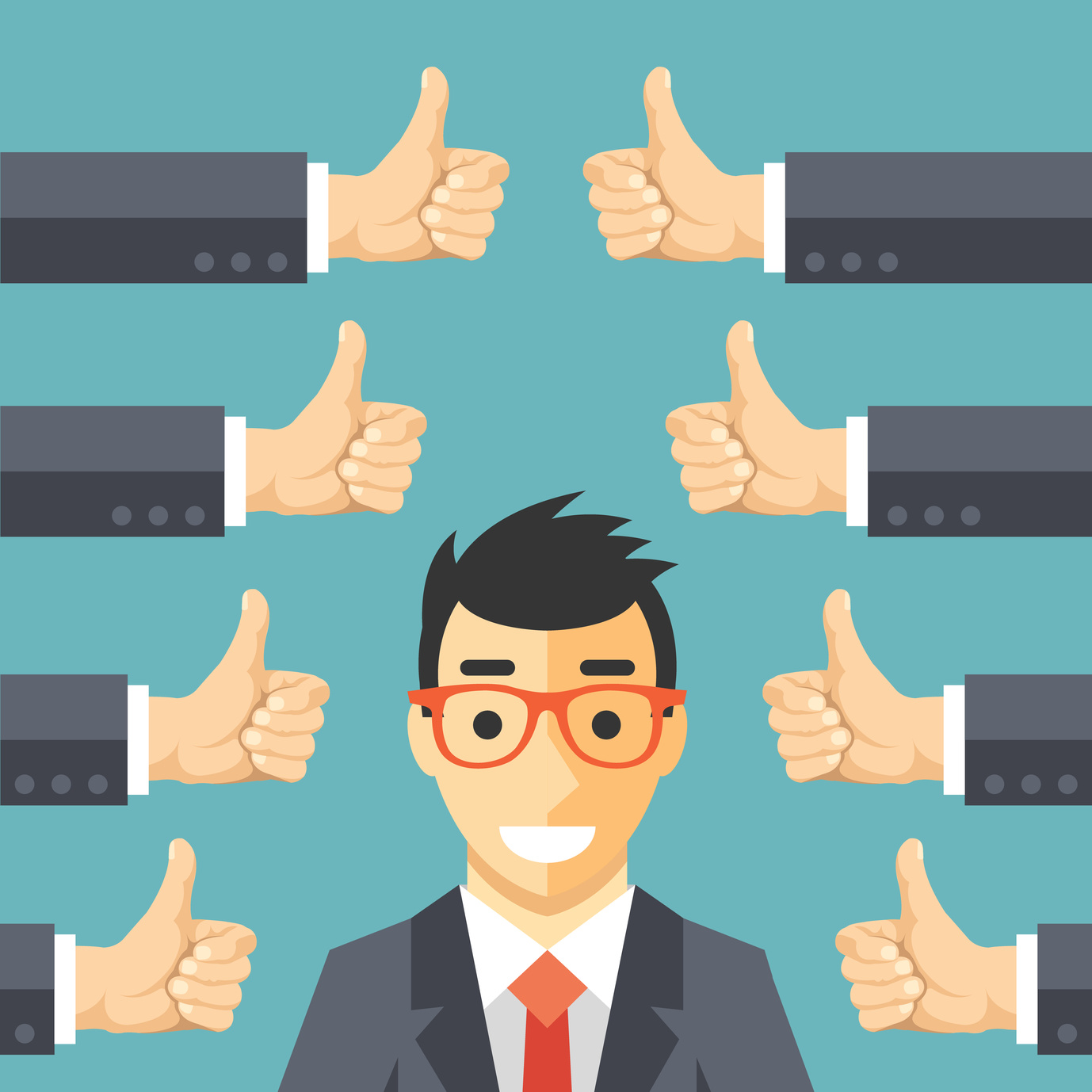 Happy businessman and many hands with thumbs up. Likes and positive feedback concept