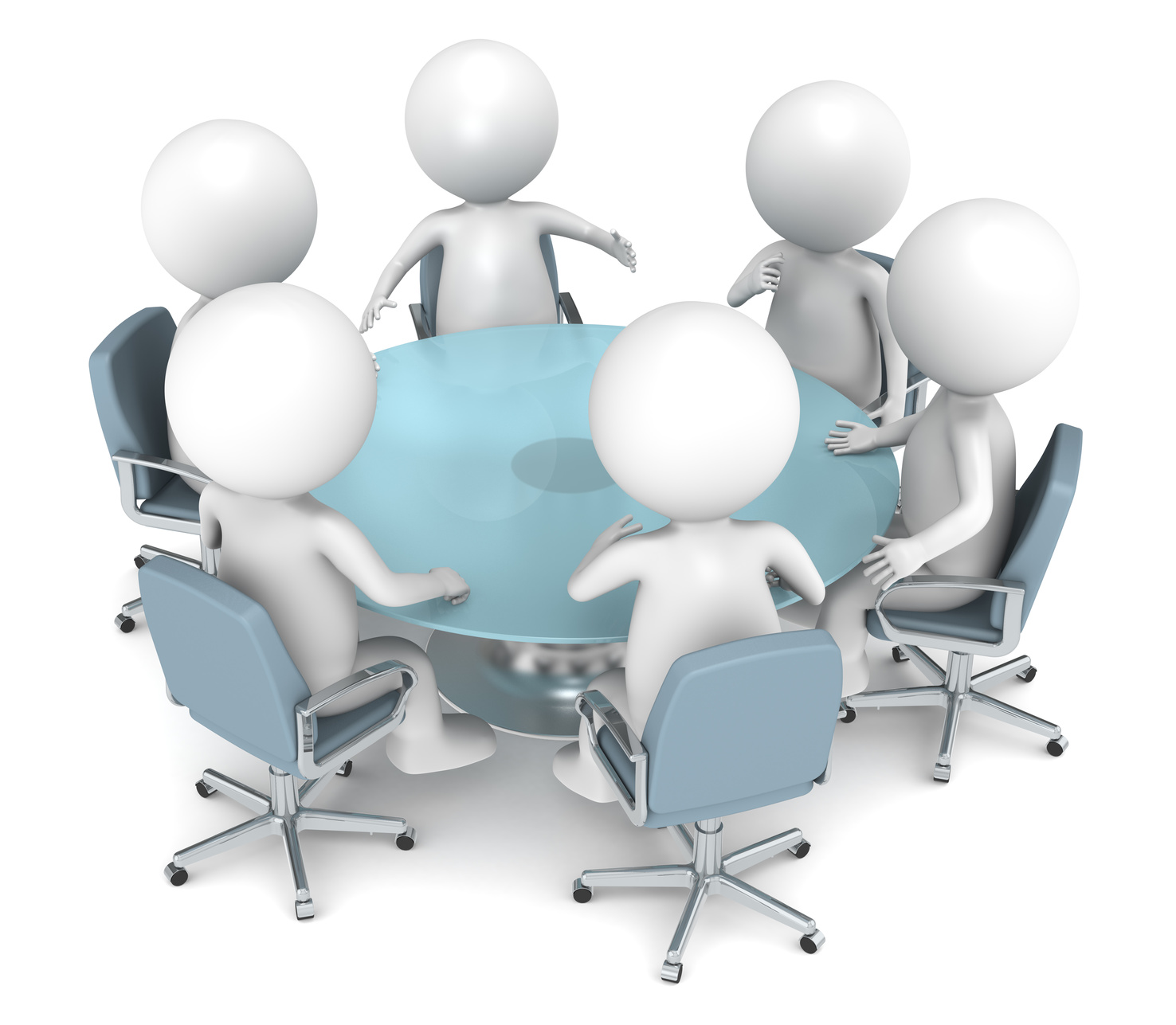 3D little human characters X6 discussing at a round table. Business People series.